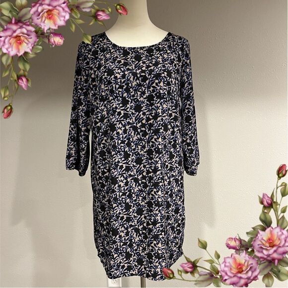 Boat neck long sleeve loose fit a-line floral mini dress - Picture 1 of 12